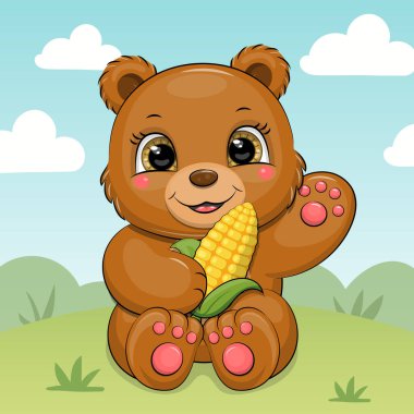 Doğada mısırlı şirin bir çizgi film. Yeşil arkaplandaki hayvanın yaz vektörü çizimi.