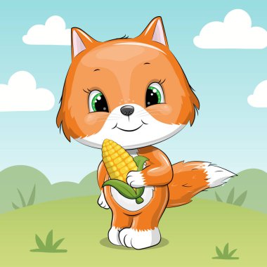 Doğada mısırlı şirin bir Fox çizgi filmi. Yeşil arkaplandaki hayvanın yaz vektörü çizimi.