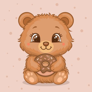 Tatlı çizgi film Boz Ayı ve Donut. Açık kahverengi arka planda tatlı yiyeceği olan bir hayvanın vektör çizimi.