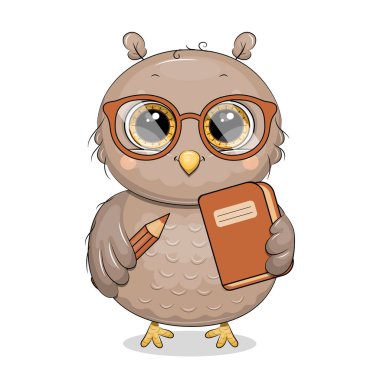 Gözlüklü şirin Çizgi Roman Baykuşu Kalem ve Kitap tutuyor. Beyaz arka planda Hayvanların Okul Vektör Resmine Dönüş.