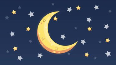 Sevimli çizgi film büyük sarı ay gece gökyüzünde sağa sola hareket ediyor. Döngülü canlandırma.