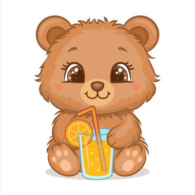 Limonatalı şirin çizgi film Boz Ayı. Beyaz arka planda içkisi olan bir hayvanın vektör çizimi.