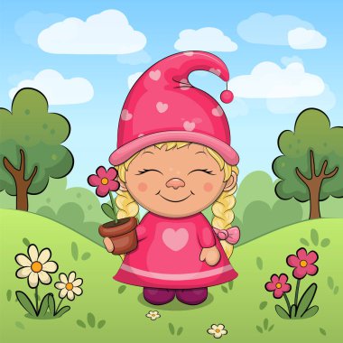 Şirin çizgi film Cüce Kız elinde bir saksı tutuyor ve doğada duruyor. Çiçekli, ağaçlı, güneşli yeşil bir çayırda sevimli çizgi film tarzı küçük bir kadın karakteri.. 