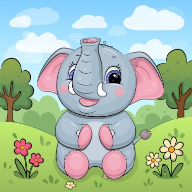 Bahçede şirin çizgi film Fil oturuyor. Kırmızı çiçekli, yeşil çimenli ve ağaçlı bir hayvanın vektör çizimi.
