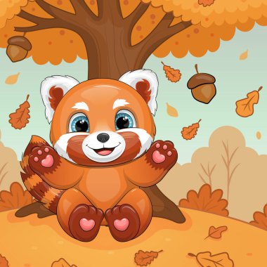 Doğada şirin bir Kızıl Panda çizgi filmi. Turuncu zemin üzerinde büyük ağaç ve yapraklarla hayvanların sonbahar vektör illüstrasyonu.