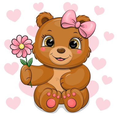 Pembe çiçekli ve fiyonklu şirin çizgi film ayısı. Beyaz arka planda pembe kalpli hayvanlı Vektör İllüstrasyonu.