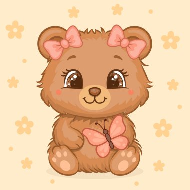 Kelebekli şirin çizgi film Boz Ayı. Çiçekli sarı bir arka planda bir hayvanın vektör çizimi.