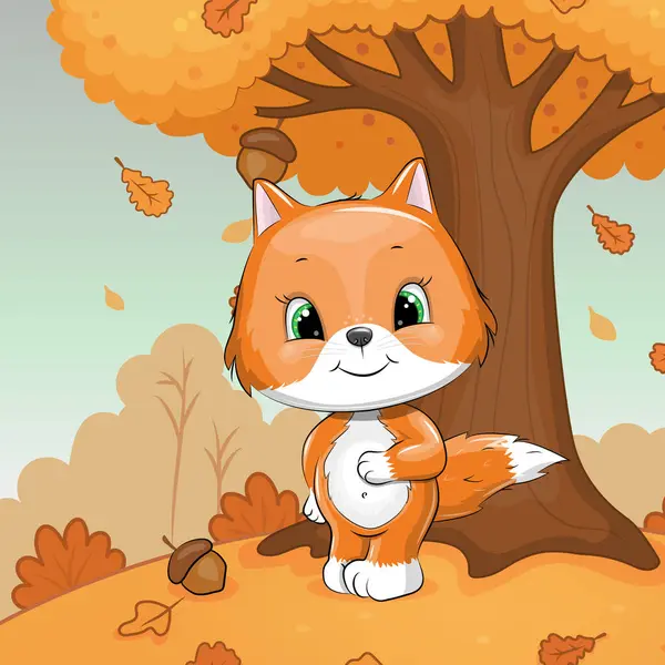 Doğada meşe palamudu olan şirin bir çizgi film. Büyük ağaç ve düşen yapraklarla turuncu arka plandaki hayvanların sonbahar vektör illüstrasyonu.