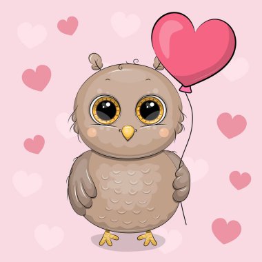 Kalp şeklinde balonu olan sevimli bir baykuş çizgi filmi. Pembe arka planda kalbi olan bir hayvanın vektör çizimi.