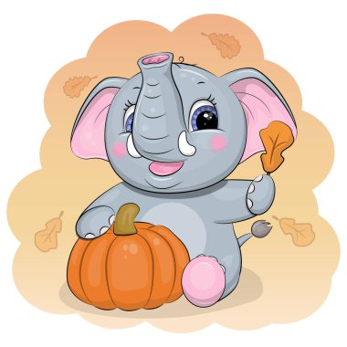 Balkabaklı şirin bir Fil çizgi filmi. Sonbahar yapraklı, sebze ve turuncu arka planlı bir hayvanın vektör çizimi.