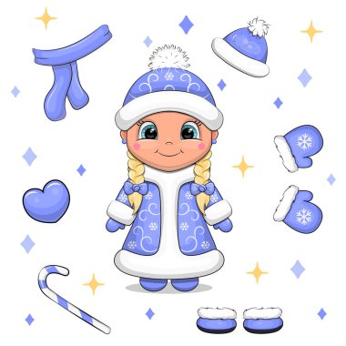 Cute cartoon Girl with winter clothes. Christmas vector illustration of a snow maiden with blue scarf, mittens, hat, shoes and candy cane on a white background.