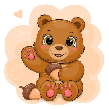 A cute cartoon Brown Bear with acorns. Vector illustration of animal with orange background.