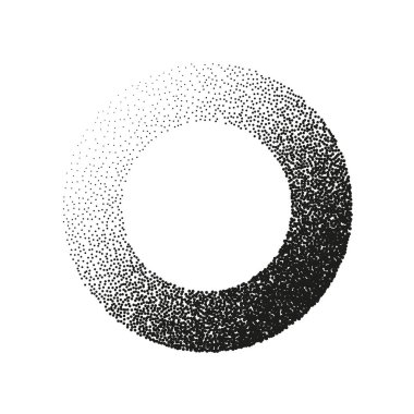 Round shaped dotted object, stipple elements. Fading gradient. Stippling, dotwork drawing, shading using dots. Pixel disintegration, halftone effect. White noise grainy texture. Vector illustration.