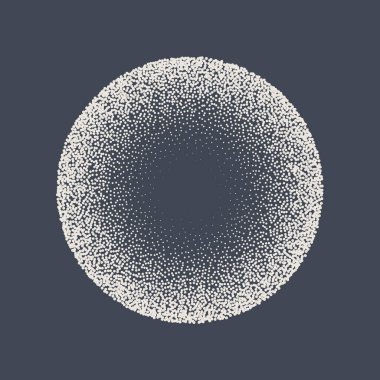 Round shaped dotted object, stipple elements. Fading gradient. Stippling, dotwork drawing, shading using dots. Pixel disintegration, halftone effect. White noise grainy texture. Vector illustration.