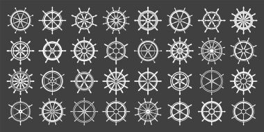 Beyaz vintage direksiyon koleksiyonu. Gemi, yat retro tekerlek sembolü. Denizci dümeni simgesi. Deniz tasarım elemanı. Vektör illüstrasyonu.