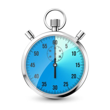 Realistic classic stopwatch icon. Shiny metal chronometer, time counter with dial. Blue countdown timer showing minutes and seconds. Time measurement for sport, start and finish. Vector illustration.