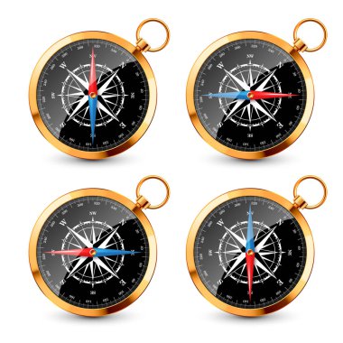 Deniz rüzgârının yükseldiği ve Kuzey, Doğu, Güney, Batı 'nın başlıca yönlerinin olduğu gerçekçi, altın rengi bir pusula. Parlak metal seyir pusulası. Harita ve navigasyon. Vektör illüstrasyonu