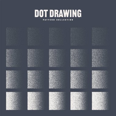 Kare şeklinde noktalı nesneler, noktalı elementler. Noktalama, noktalama çizimi, noktalar kullanarak gölgeleme. Piksel ayrışması, yarım ton etkisi. Beyaz gürültü tanecikli doku. Gittikçe azalıyor. Vektör illüstrasyonu.