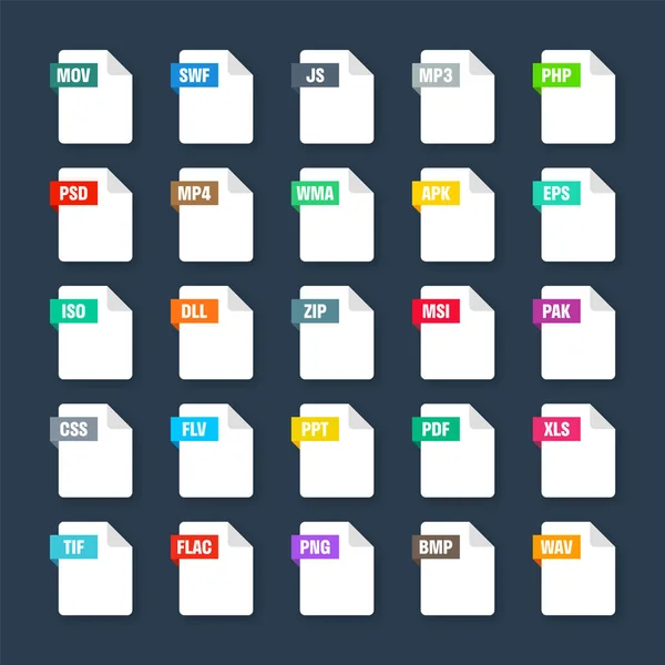 Common System File Formats Document Types Extensions Flat Style Icons — Image vectorielle