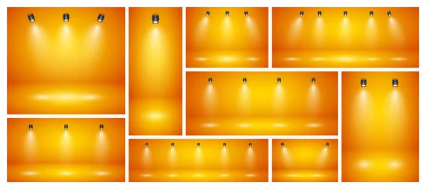 Fond Abstrait Studio Orange Vide Avec Projecteurs Vitrine Produits Toile — Image vectorielle