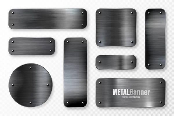 Realistische Black Metal Banners Collectie Geborsteld Staal Aluminium Plaat Paneel — Stockvector