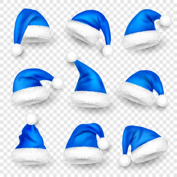 Различные Шляпы Санта Клауса Мехом Новогодняя Синяя Шляпа Реалистичная Зимняя — стоковый вектор