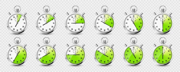 Realistic Classic Stopwatch Icons Shiny Metal Chronometer Time Counter Dial — Vector de stock