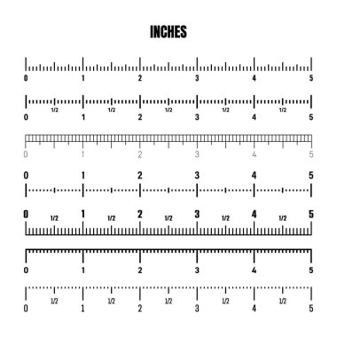 Boyunu ya da boyunu ölçmek için gerçekçi siyah inç ölçeği. Bölünmüş farklı ölçeklerde. Cetvel, mezura işaretleri, boyut göstergeleri. Vektör illüstrasyonu.