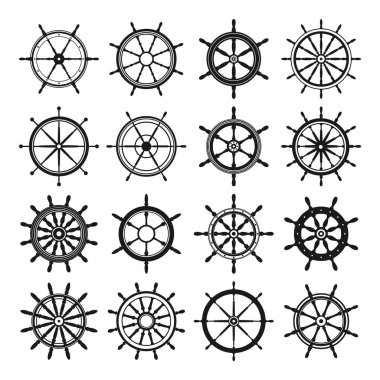 Antika direksiyon koleksiyonu. Gemi, yat retro tekerlek sembolü. Denizci dümeni simgesi. Deniz tasarım elemanı. Vektör illüstrasyonu.