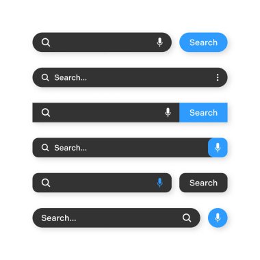 Various search bar templates, dark mode. Internet browser engine with search box, address bar and text field. UI design, website interface element with web icons and push button. Vector illustration.