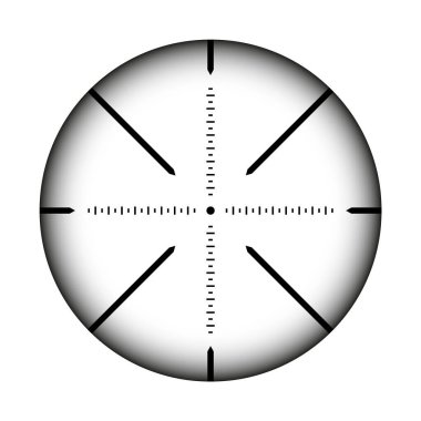 Silah görüşü, keskin nişancı tüfeği optik dürbünü. Çapraz görüşlü av tüfeği arayıcısı. Nişan al, nişan işareti sembolü. Askeri hedef işareti, siluet. Oyun arayüzü UI ögesi. Vektör illüstrasyonu.