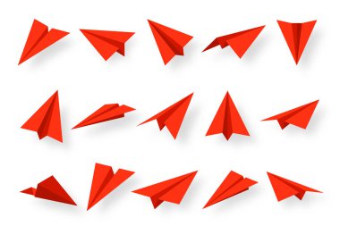 Gerçekçi kırmızı kağıt uçak koleksiyonu. El yapımı origami uçak düz stil. Bir çocuk için kağıt oyuncak. İş konsepti, proje açılışı ve hedef başarısı. Vektör illüstrasyonu.