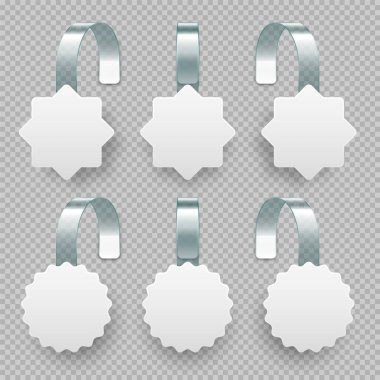 Boş süpermarket promosyon sallantıları. Rafların reklamları için gerçekçi bir vektör titreşim şablonu. İndirim ya da indirim etiketi. Özel teklif fiyat etiketi