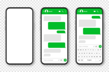 Mesajlaşma uygulaması olan gerçekçi bir akıllı telefon. Boş SMS metin çerçevesi. Yeşil mesaj baloncuklarıyla sohbet ekranı. Sosyal medya uygulaması. Vektör illüstrasyonu