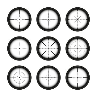 Various weapon sights, sniper rifle optical scopes. Hunting gun viewfinder with crosshair. Aim, shooting mark symbol. Military target sign, silhouette. Game interface UI element. Vector illustration.