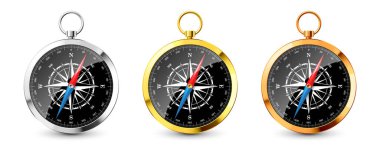 Realistic silver and golden vintage compasses. Marine wind rose and cardinal directions of North, East, South, West. Shiny metal navigational compass. Cartography and navigation. Vector illustration.