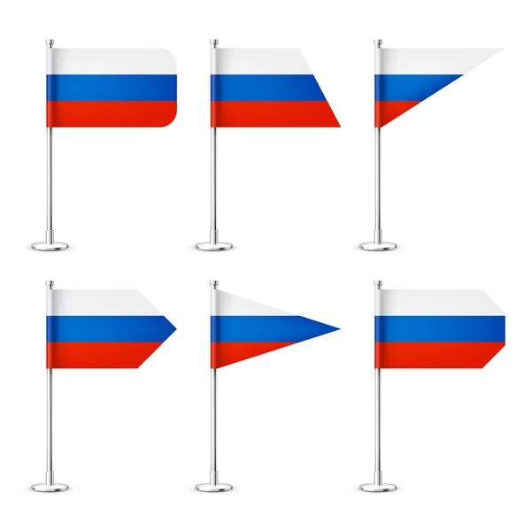 Ρεαλιστικές Διάφορες Ρωσικές Σημαίες Τραπέζι Ένα Χρώμιο Χάλυβα Πόλο Σουβενίρ — Διανυσματικό Αρχείο