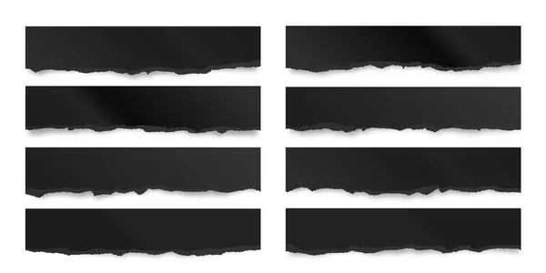 白い背景に隔離された裂けた黒い紙のストリップ 端が引き裂かれた現実的な砕いた紙屑 ノートブックページのシュレッド ベクターイラスト — ストックベクタ