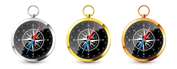 Realistic Silver Golden Vintage Compasses Marine Wind Rose Cardinal Directions — Vetor de Stock