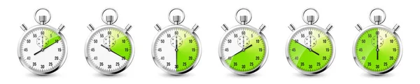 现实的经典秒表图标 新金属计时器计时器计时器与刻度盘 绿色倒计时显示分分秒秒 运动时间的测量 开始和结束 矢量说明 — 图库矢量图片