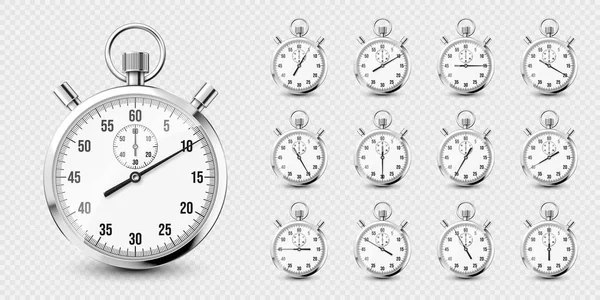 Gerçekçi Klasik Kronometre Simgeleri Parlak Metal Kronometre Çevirmeli Zaman Sayacı — Stok Vektör