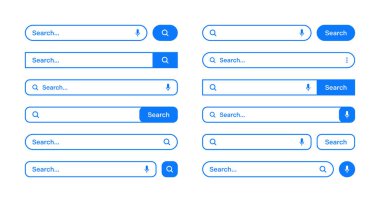 Various search bars with outline border. Internet browser engine with search box, address bar and text field. UI design, website interface element, web icons and push button. Vector illustration.