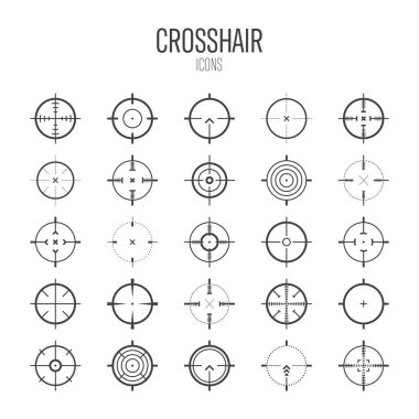 Crosshair, silah görüş vektör simgeleri. Tam isabet, siyah hedef ya da nişan sembolü. Askeri tüfek dürbünü, işaret fişeği. Nişan alıyorum, nişan alıyorum. Okçuluk, avcılık ve spor atıcılığı. Oyun UI ögesi