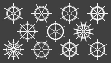 Beyaz vintage direksiyon koleksiyonu. Gemi, yat retro tekerlek sembolü. Denizci dümeni simgesi. Deniz tasarım elemanı. Vektör illüstrasyonu.