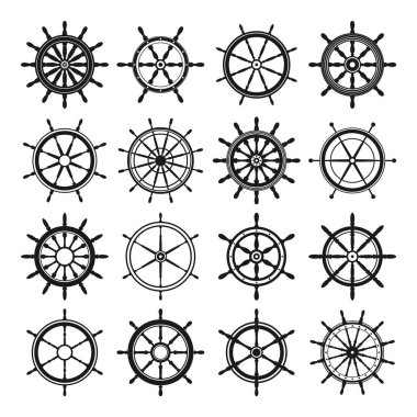 Antika direksiyon koleksiyonu. Gemi, yat retro tekerlek sembolü. Denizci dümeni simgesi. Deniz tasarım elemanı. Vektör illüstrasyonu.