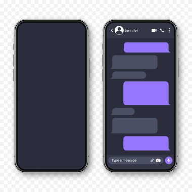 Mesajlaşma uygulaması olan gerçekçi bir akıllı telefon. Boş SMS metin çerçevesi. Menekşe mesaj baloncuklarıyla sohbet ekranı. Sosyal medya uygulaması. Vektör illüstrasyonu