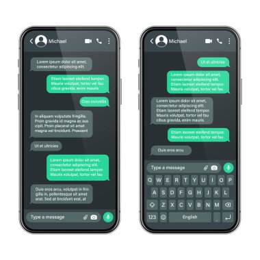 Mesajlaşma uygulaması olan gerçekçi bir akıllı telefon. SMS metin çerçevesi. Yeşil mesaj baloncukları ve yer tutucu metin ile sohbet ekranı. Karanlık mod. Sosyal medya uygulaması. Vektör illüstrasyonu.