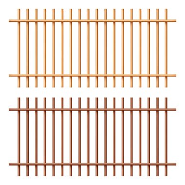 Realistic wooden lattice, rural picket fence. Farm or village house boundary, garden enclosing planks. Detailed wooden jail cage. Criminal background mockup. Creative vector illustration.