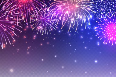 Şeffaflık efektli gerçekçi havai fişekler. Parlak kıvılcımlı renkli bir patlama. Noel ya da Yeni Yıl tebrik kartı tasarımı. Diwali Işık Festivali. Vektör illüstrasyonu.