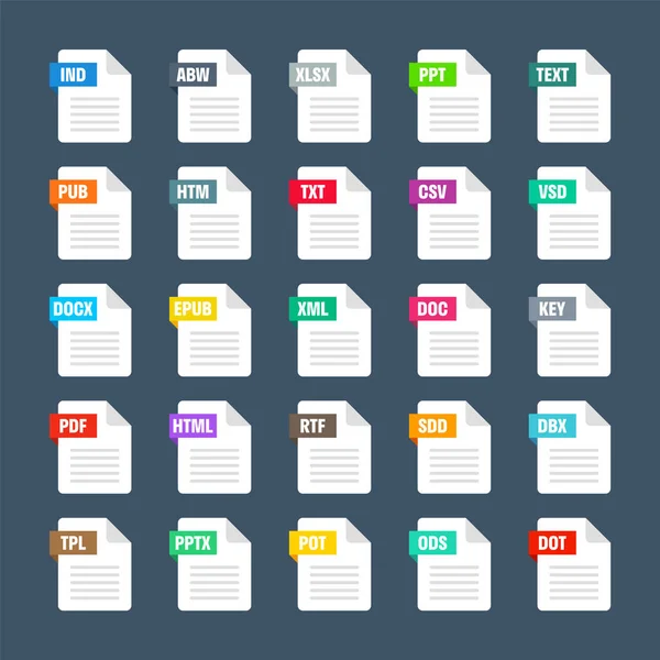 Common System File Formats Document Types Extensions Flat Style Icons — Vetor de Stock